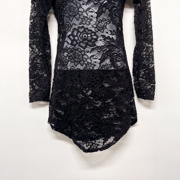 Sheer Black Floral Lace High Neck Long Sleeve Tunic Top Shirt Bodycon Fitted - Picture 8 of 9